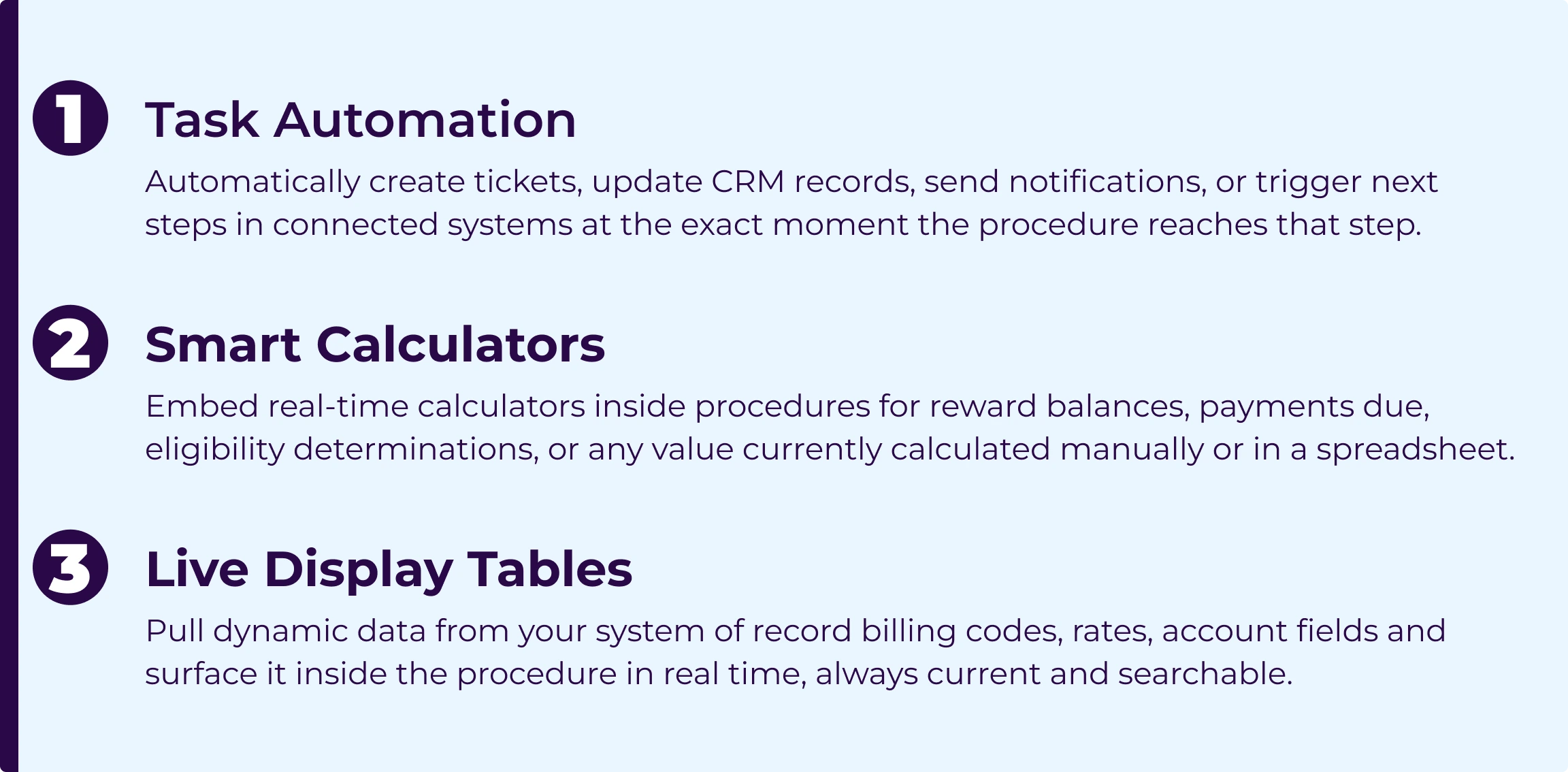 Three Power Shape capabilities: Task Automation for creating tickets and updating CRM records, Smart Calculators for real-time in-procedure calculations, and Live Display Tables for pulling live data from connected systems.