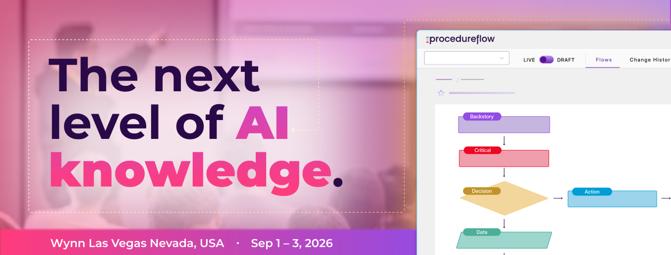 The next level of AI knowledge: illustrated header for Procedureflow at Genesys Xperience 2026.