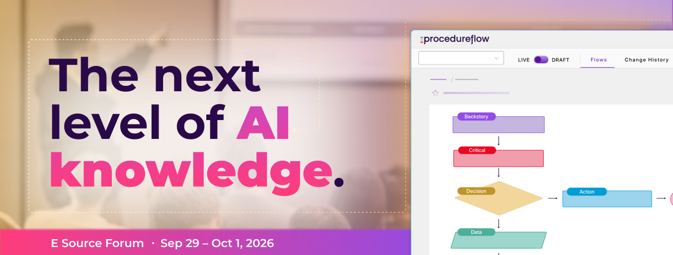The next level of AI knowledge, illustrated header for Procedureflow's utility session at E Source Forum 2026 in Denver.