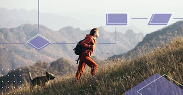 person hiking on mountain with an illustration of a process map around them