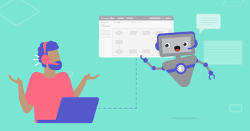 Call center agent working on computer and an AI agent robot surrounded by text bubbles