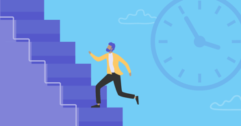 Illustration of call center agent walking up a set of stairs with clock above them
