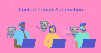 Contact center agents working at computers with automation robots working behind each agent's computer 