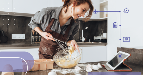 Girl cooking while looking at tablet with illustration of knowledge sharing flow around her