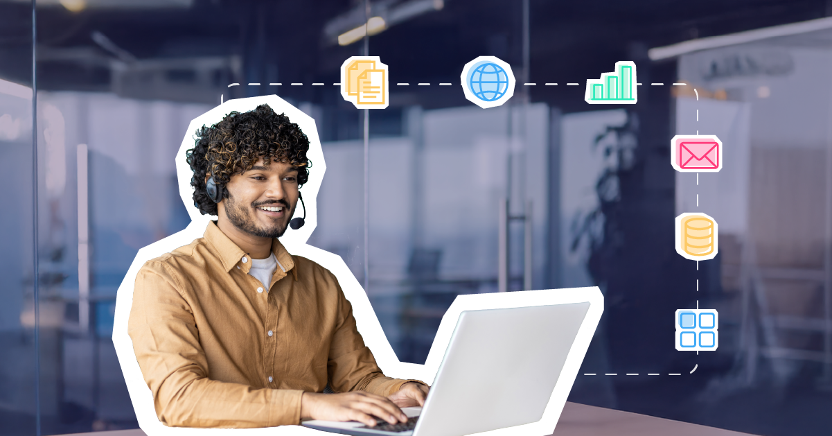 Call center agent working on a computer with icons of different agent systems surrounding their screen and arrows pointing toward the screen